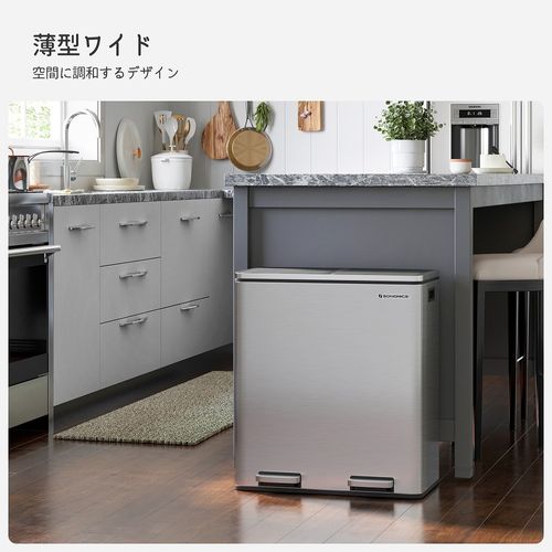 SONGMICS ゴミ箱 ダストボックス 2分別 ゴミ袋付き ペダル式 2x30L 